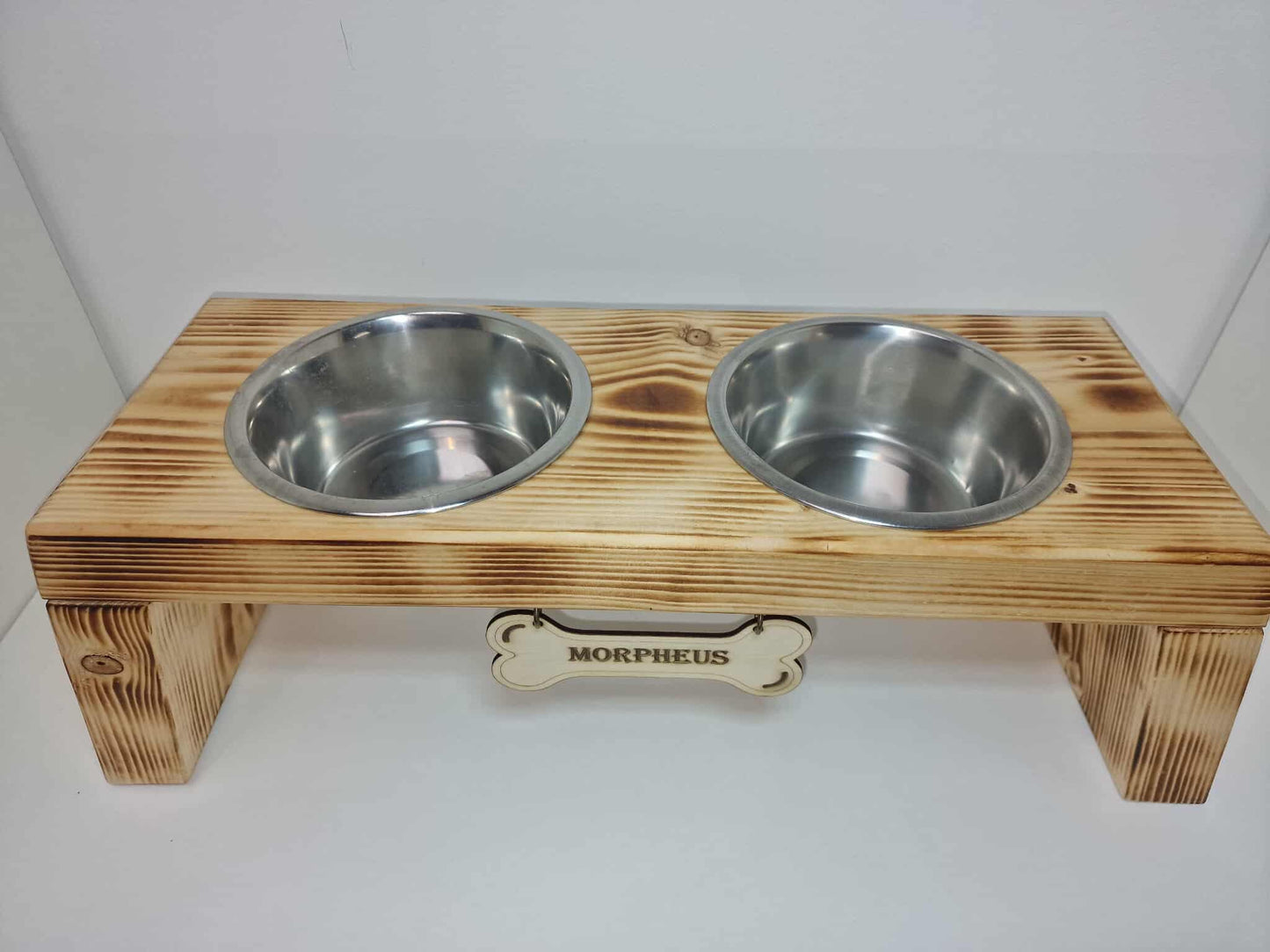 Dog Bowl Holder with Custom Name Tag