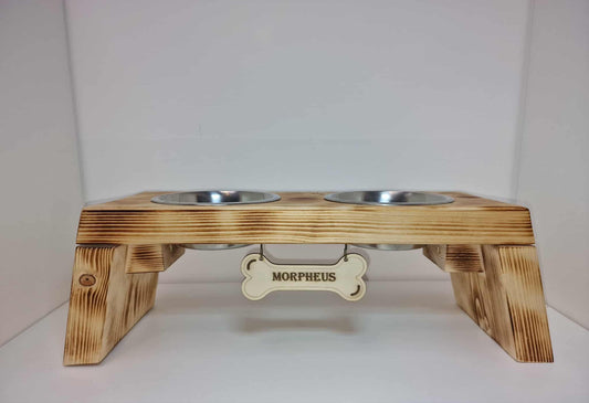 Dog Bowl Holder with Custom Name Tag