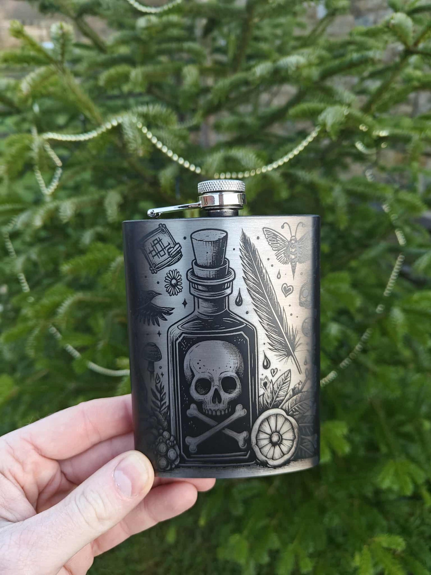 Anodised Aluminium Hipflask – Gothic Skull Poison Bottle